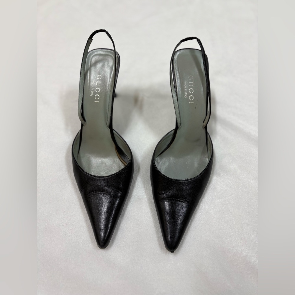 Gucci Black Leather Pointed Slingback Heels